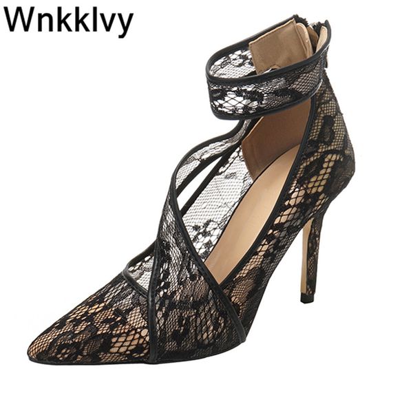 

t-show summer prom shoes lace cut outs pointed toe ankle zipper pumps high hells stilettos dress sandals 2020 sandalias, Black