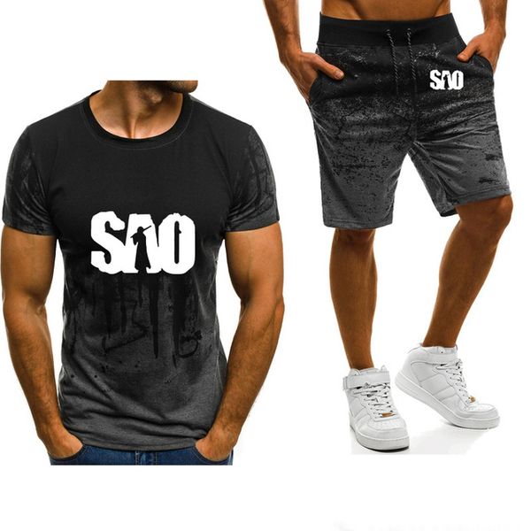 

men's short sleeve sao sword art online printed spring autumn gradient cotton casual men's t-shirt pants suit 2pcst