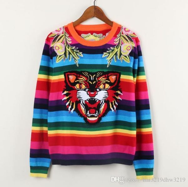 

топ радужные полосатые пуловеры женщины 2017 осень с длинными рукавами тигр цветы вышивка женские свитера pull femme dh054, Black