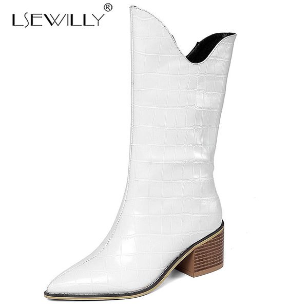 

lsewilly punk western mid calf boots women strange high heels slip on riding knight motorcycle shoes lady plus size 34-43 k238, Black