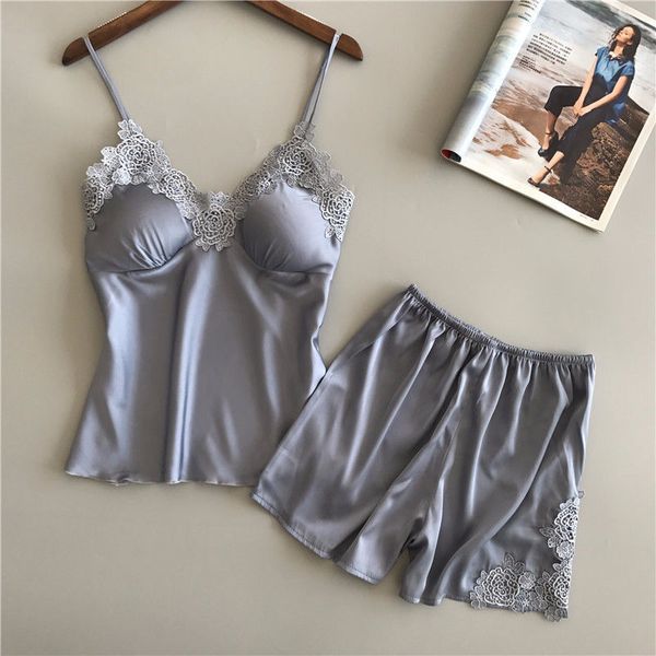 

fashion pajamas sets for women trendy soft lace satin pajama sets summer nightwear lingerie homewear housewear pajama, Blue;gray