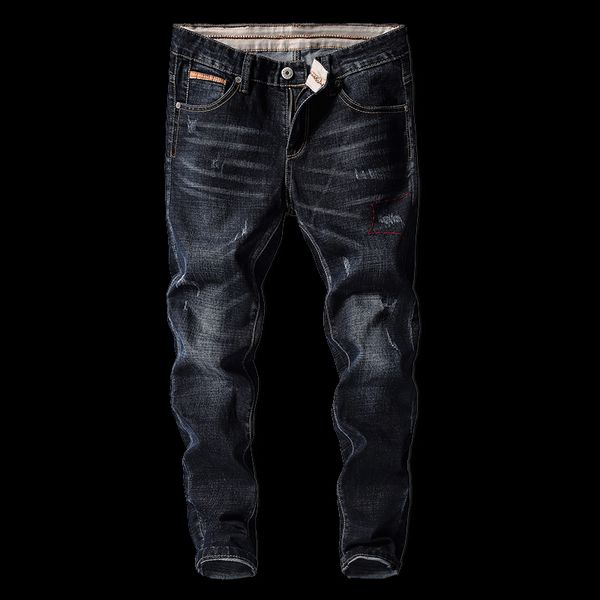 

2019 new men's fashion boutique embroidery scratched slim casual jeans male high-quality straight leg casual jeans men pants, Blue