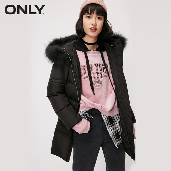 

only women's autumn raccoon fur collar mid-length down jacket | 118312590, Tan;black