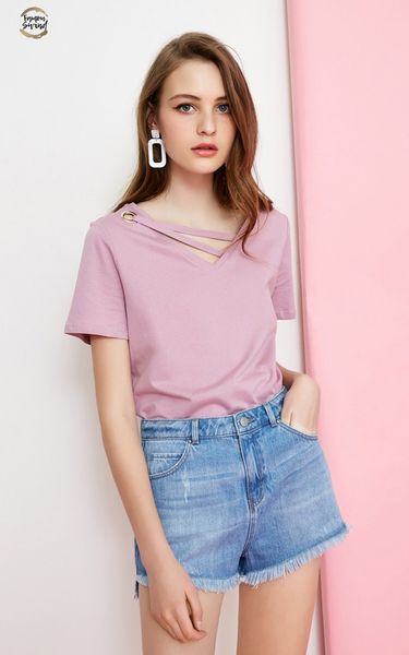 

100% cotton pure color collar decorative band casual short sleeve t shirt | 318101523 drop shipping, White