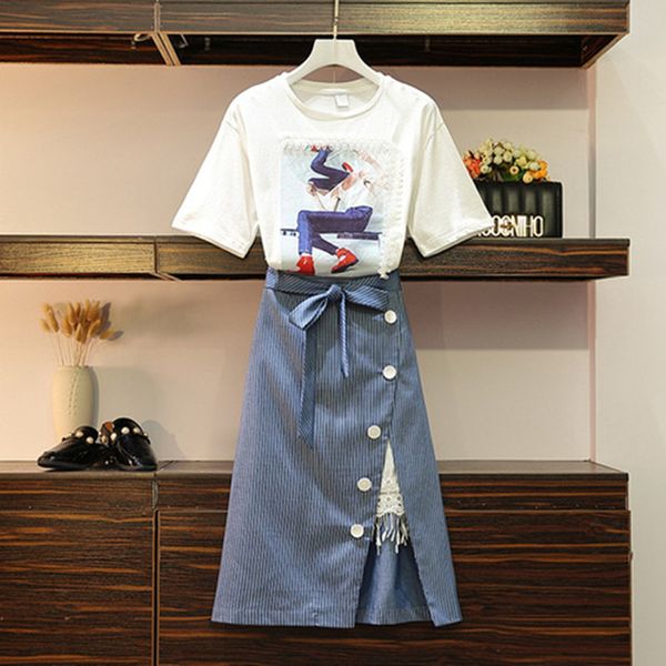 

women character print lace cotton tshirt tees+belt bow stripe button split skirt 2pcs suits large size skirts sets, White