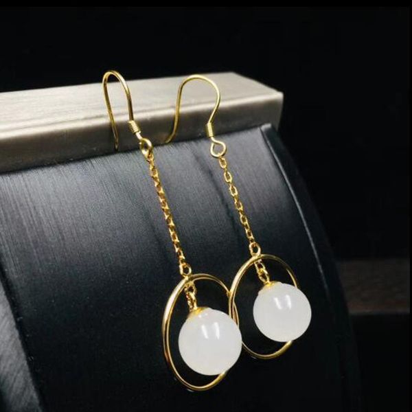 

beautiful 925 sterling silver white hetian jade inlay jade beads long chain hook lucky earrings for women charm fine jewelry, Golden;silver