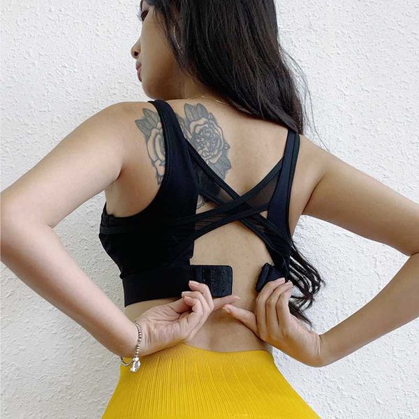 

gym clothing women sport bra adjustable shockproof girl yoga thin mesh cross strap vest running undershirt quick dry workout crop top, White;black