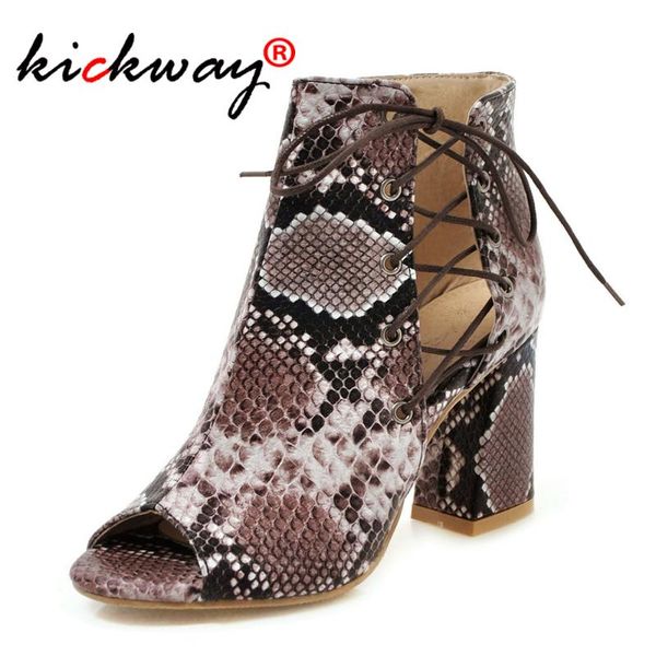 

women summer boots peep toe high heel ankle boots zipper ladies cross tied snake printing pu leather black size 43