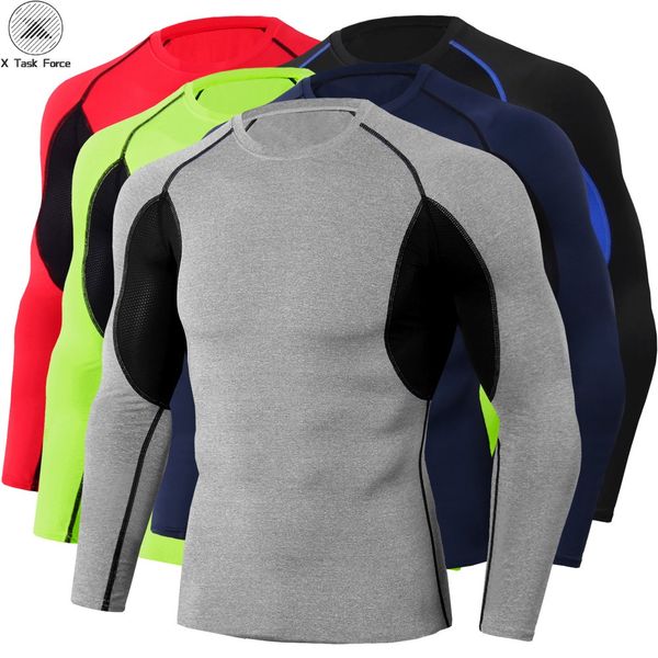 

men's pro tight fitness exercise running training t-shirt stretch fast dry round neck long sleeve men's t-shirt x task force, White;black