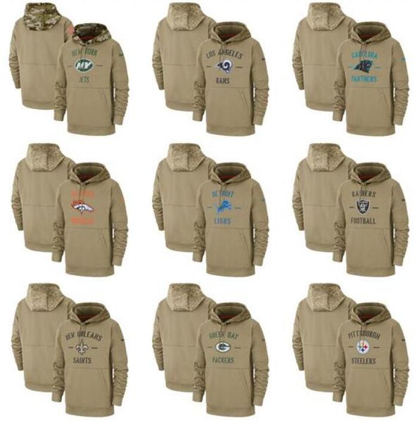 

men women style steeler saintss packer lion ram jets broncos panthers tan 2019 salute to service sideline therma pullover hoodie, Blue;black