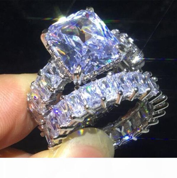 

vecalon lovers ring sets 925 sterling silver princess cut diamond engagement wedding band rings for women finger jewelry, Slivery;golden