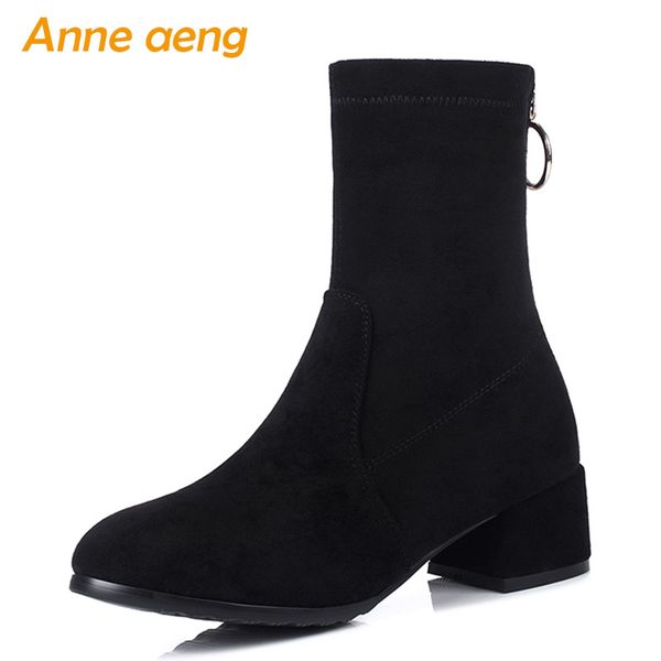 

2019 new winter women ankle boots middle square heel round toe solid zipper elastic flock women shoes black warm short boots
