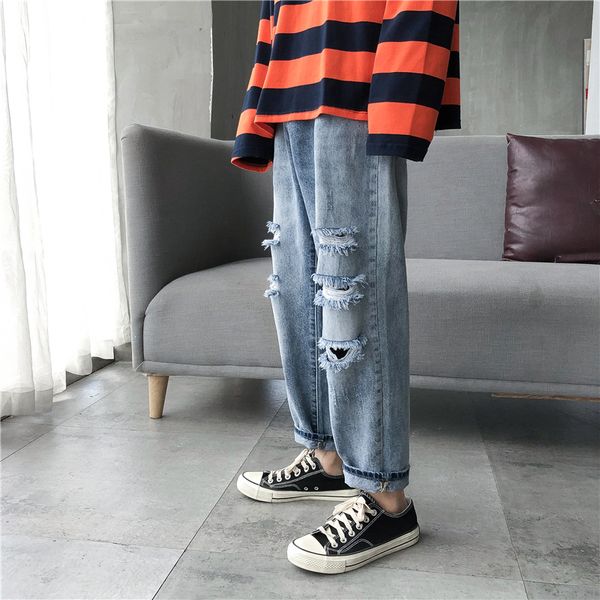 

2019 spot men's summer new korean version of the loose fashion upper body effect super good hole wild casual jeans, Blue