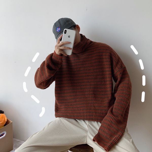 

2019 winter men's in warm woolen sweater loose coat cashmere pullover stripe printing long sleeve turtleneck fashion knitting
