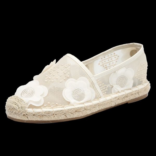 

women's new fashion mesh flowers flats fisherman shoes spring flat leisure shoes breathable casual rope sole, Black