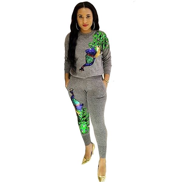 

peacock sequined full sleeve winter tracksuit women set pocket overalls sweatshirt pant lady fashion two pieces suits casual b9056, White