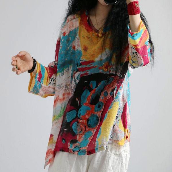 

asymsay retro irregular colors print rayon linen blouse summer beach style loose big size v neck shirt women ac5795, White