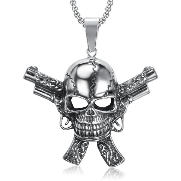 

stainless steel double gun skull pendant necklaces mens gift, Silver