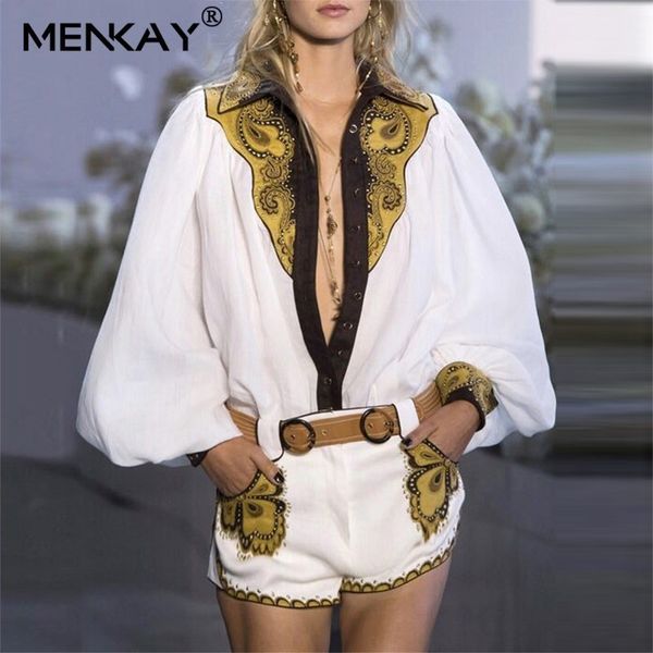 

menkay] 2019 summer vintage floral embroidery women two piece set matching set outfit long lantern sleeve top and short 2piece, White