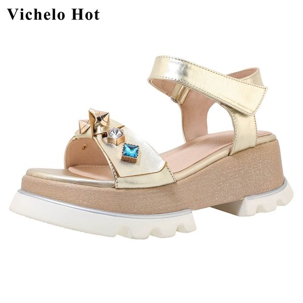 

vichelo genuine leather round peep toe high heels rhinestone rivet korean street beauty lady streetwear summer sandals l12, Black