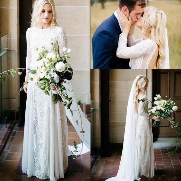 

2019 bohemian summer beach wedding dresses full lace long sleeves backless bridal gowns vintage french vestido de noiva wedding dress, White