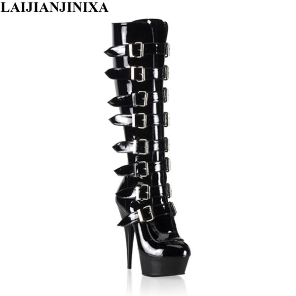 

laijianjinxia new buckle black knee-high boots women 15cm super high-heeled star fashion stage boots female red/white