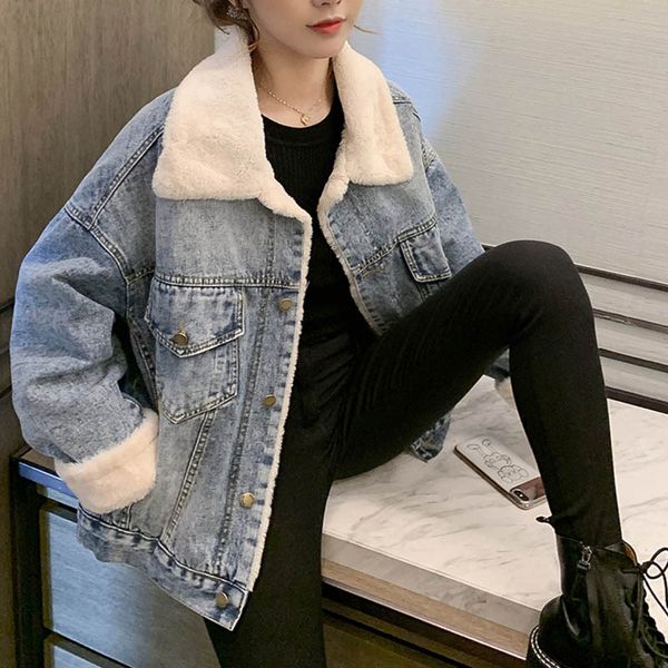 

пальто женщины зима 2019 женская куртка корейское пальто джинсовый хлопок плюс бархат овечья шерсть женский парк женские пальто зима, Black