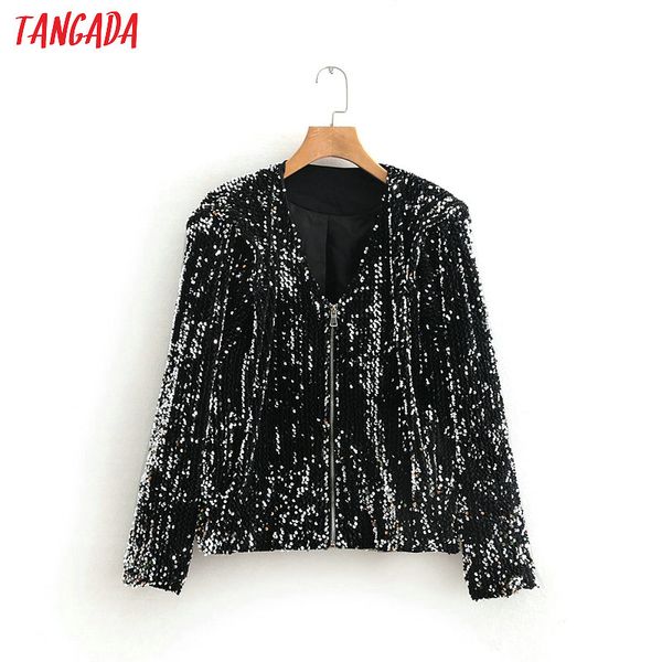 

tangada women black sequined jacket female coat jackets zipper pockets long sleeve ladies casual 2xn165, Black;brown