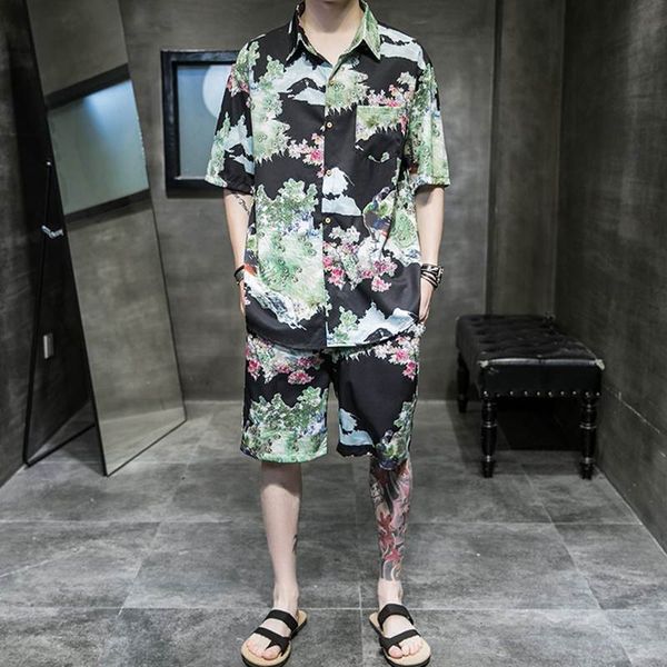 

men's tracksuits 2021 fashion man vintage printed hawaiian suits men summer holiday short sleeve lapel buttons shirts elastic shorts se, Gray