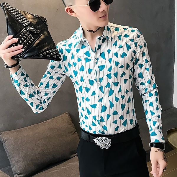 

mens casual shirts stripe love print self-cultivation men shirt streetwear slim fit hairstyle division club shirt hawaiian, White;black