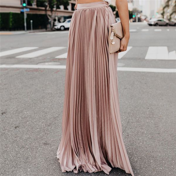 

woman skirts floor-length lady casual solid color high waist pleated skirt fashion elegant robe femme feminina skirts, Black