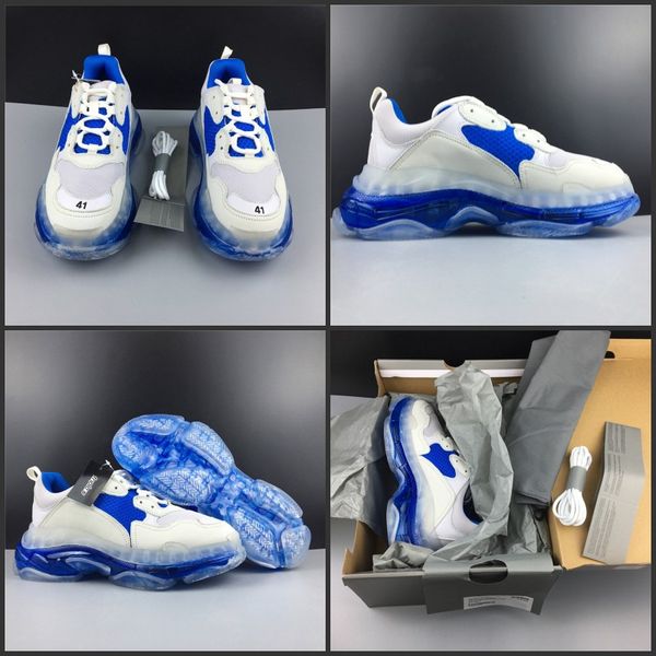 

2019 New Paris Triple S Distressed Designer Shoes White Blue Luxury Transparent Crystal Factory Version Original Sneaker Size35-45