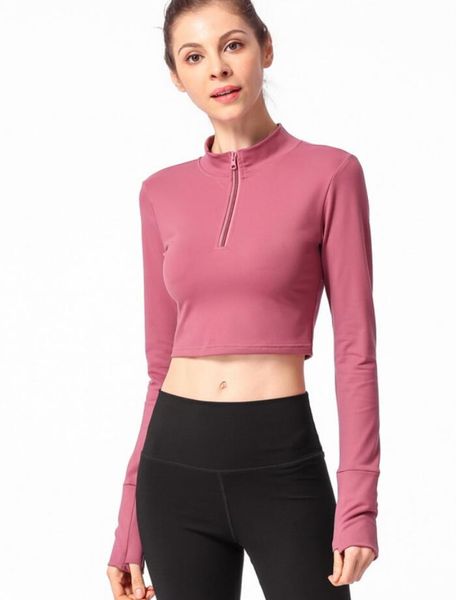 

2019 autumn and winter long-sleeved tight-fitting yoga clothes t-shirt female zipper sports t-shirt exposed navel fitness long sleeve, White