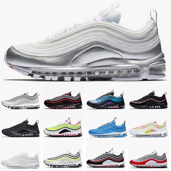 

new 97 men women running shoes metallic pack silver premium black bullet sliver red volt and rush pink 97s sneakers 36-45