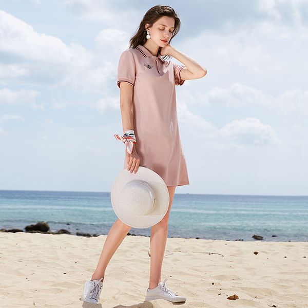 

designer women dress brand 2019 summer luxury new short-sleeved straight polo collar dress pink bee embroidered lady skirt female 11, Black;gray