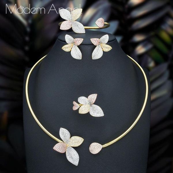 

modemangel luxury flower leaf cubic zirconia women engagement party gift bracelets necklace earrings bracelet ring full set, Silver