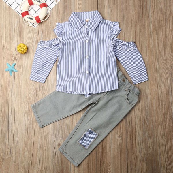 

toddler baby girl autumn casual clothes striped shirt+jeans pants outfits, Pink;blue