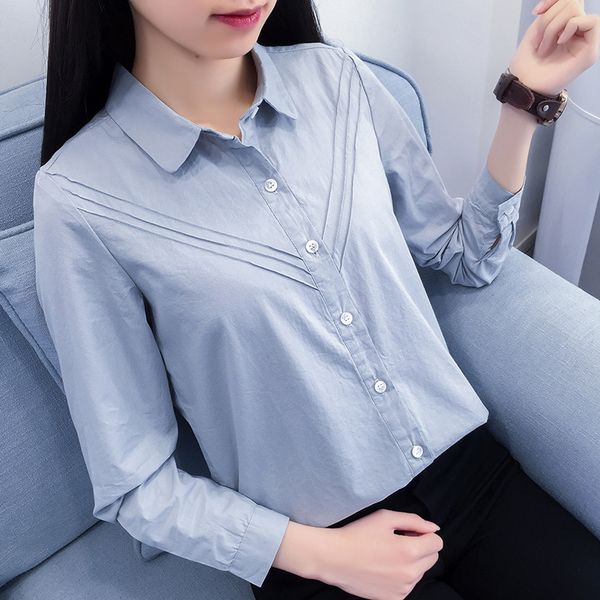 

women shirts autumn and winter female pleated solid blouse slim long sleeve pink 100% cotton ladies female outerwear, White