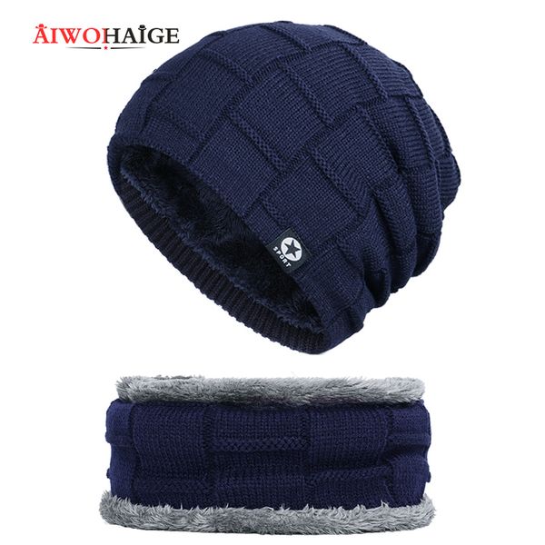 

2019 new beanie winter man caps winter woman caps skullies warm thicken hedging cap soft cap knit beanie 2 pieces set bonnet, Blue;gray