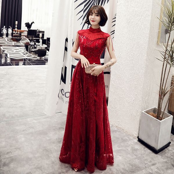 

burgundy beading mermaid chinese sequins oriental party female cheongsam stage show qipao elegant celebrity banquet dresses, Red