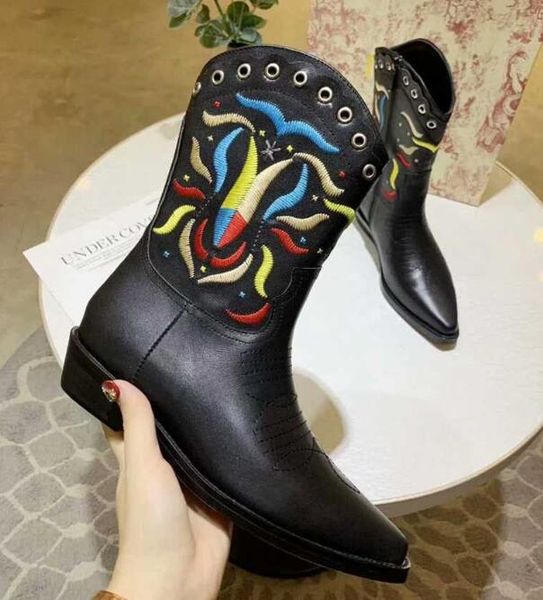 

orignal box] luxury new womens coloured embroidery martin snow winter ankle boots pointed toes shoes size 35-41, Black
