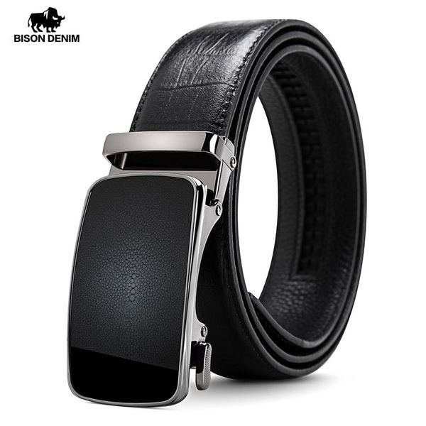 

bison denim automatic buckle men's belt crocodile pattern leather male belt genuine leather luxury man n71453, Black;brown