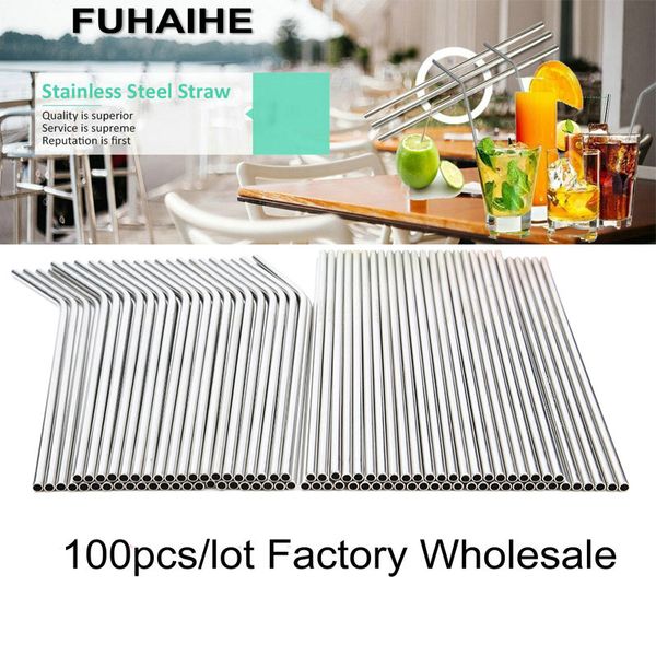 

fuhaihe 100pcs/lot metal straw reusable wholesale stainless steel drinking tubes 215mm*6mm straight bent straws for drink