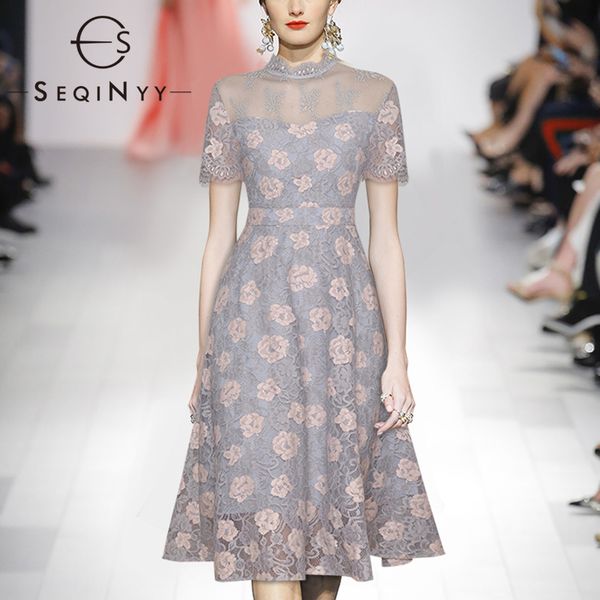 

seqinyy lace dress 2020 summer spring new fashion design women short sleeve flowers elegant runway knee dress, Black;gray