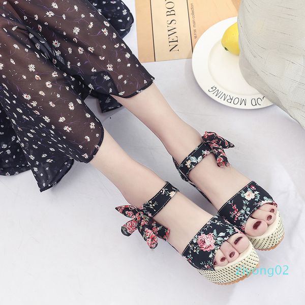 

summer 2020 new korean wedge sandals women harajuku style wild bow retro muffin shoes thick-soled shoes z02, Black