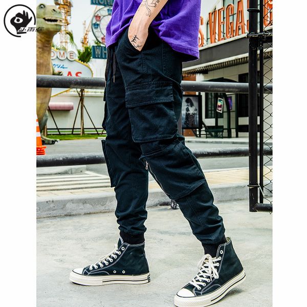 

маленького raindrop мужские штанах твердые joggers человек drawstring fashions streetwear свободные повседневные мужчины многие карманы брюк, Black