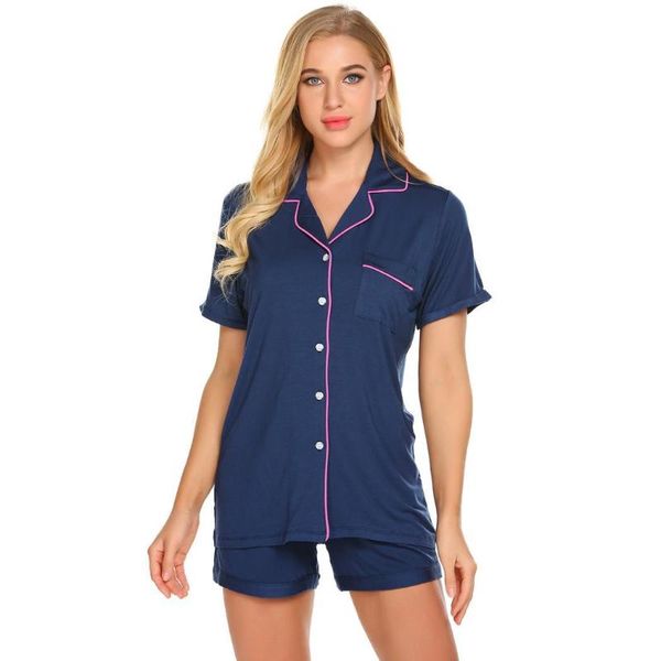 

women v neck short sleeve button front pocket pajamas set sleepwear nightwear drawstring elastic waist spring summer, Blue;gray