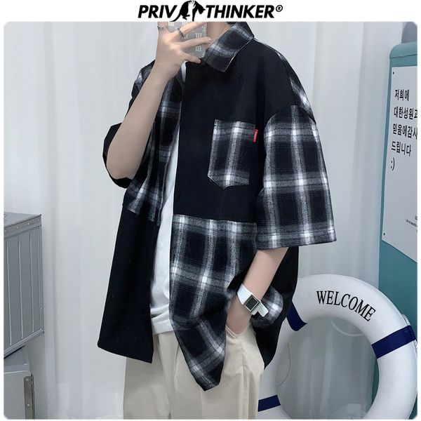 

мужчины плед лето лоскутные рубашки 2020 мужчин корейский короткий рукав одежда уличная couple мужские рубашки топы негабаритные, White;black