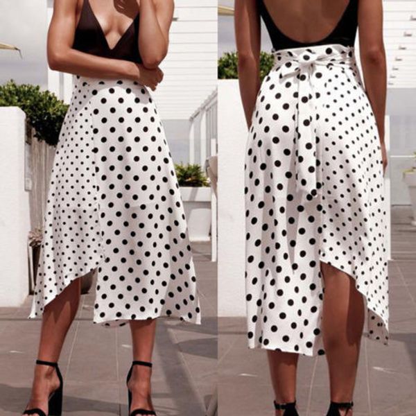 

women elegant polka dot print high waist bandage lace up white split skirt, Black
