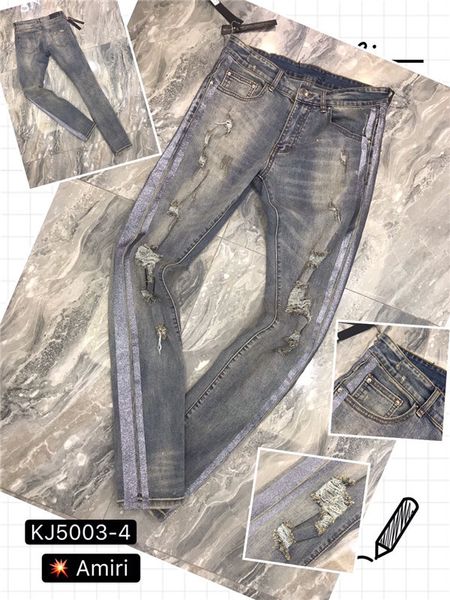 

2020 french style fashion men's jeans blue color skinny fit spliced ripped jeans high street destroyed biker men a1